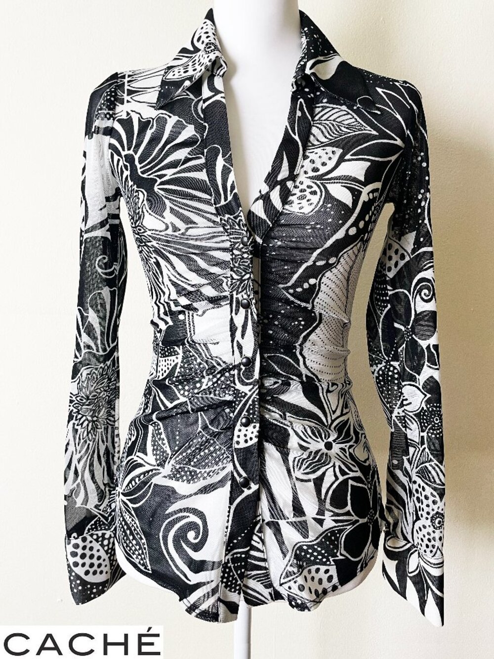 Cache Vintage Semi Sheer Black & White Women's Long Sleeve Blouse | Size XS EUC